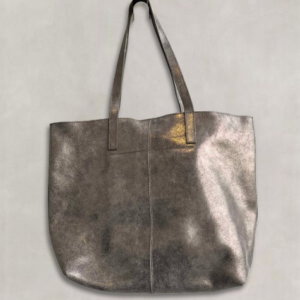 Garnet Hill Leather Tote Functional Pockets Suede Interior Shimmering Gray - Picture 2 of 12